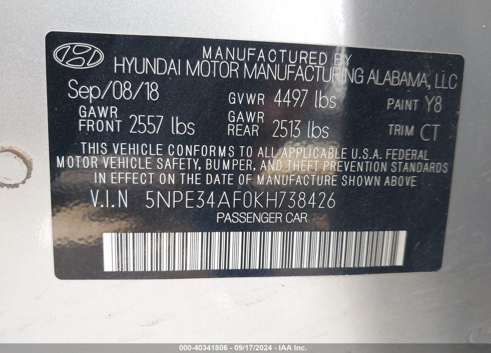 2019 HYUNDAI SONATA SPORT VIN: 5NPE34AF0KH738426