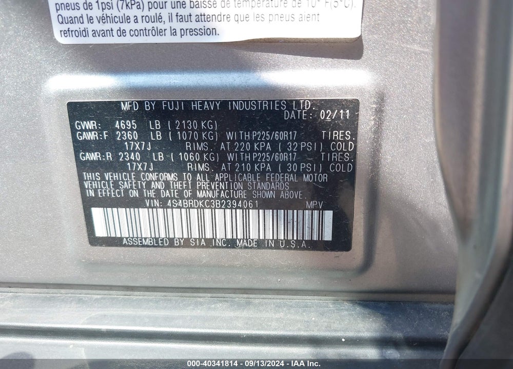 2011 SUBARU OUTBACK 3.6R LIMITED VIN: 4S4BRDKC3B2394061