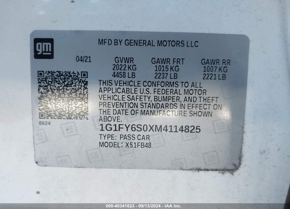 2021 CHEVROLET BOLT EV FWD LT VIN: 1G1FY6S0XM4114825