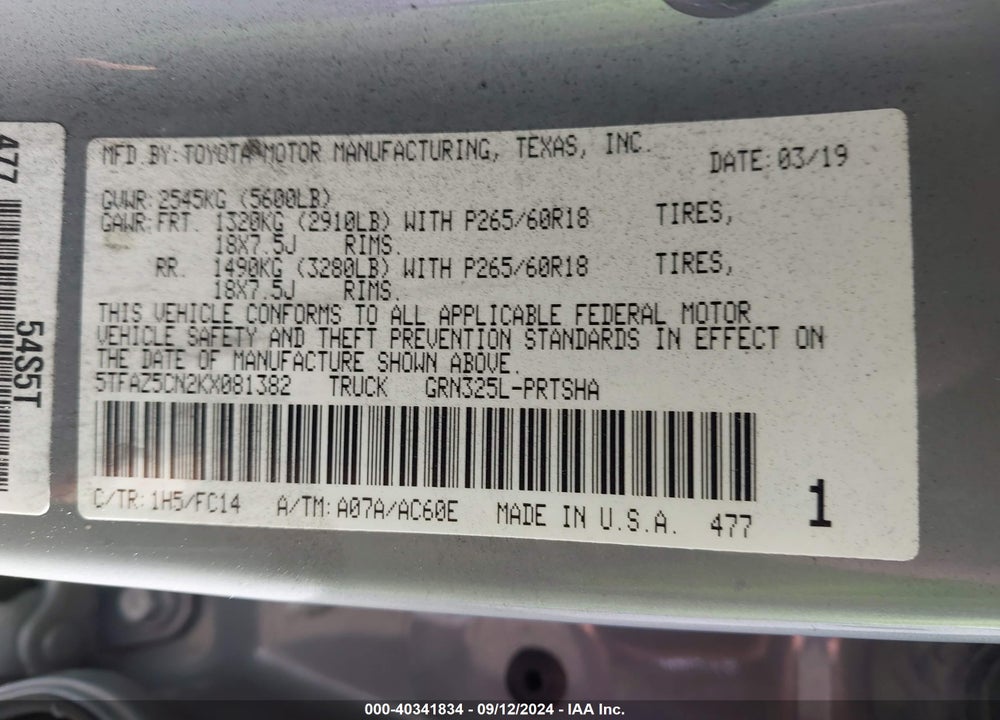 2019 TOYOTA TACOMA SR5 V6 VIN: 5TFAZ5CN2KX081382