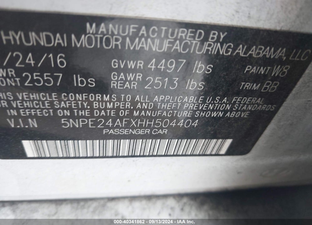 2017 HYUNDAI SONATA SE VIN: 5NPE24AFXHH504404