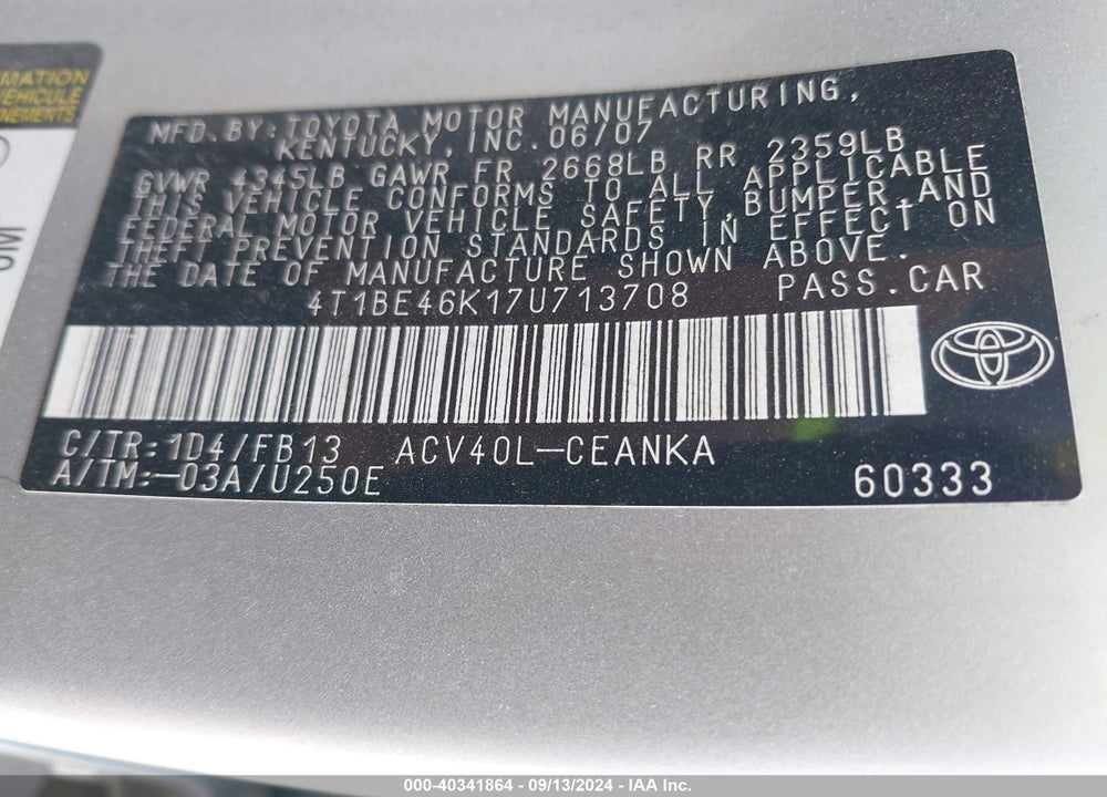 2007 TOYOTA CAMRY LE VIN: 4T1BE46K17U713708