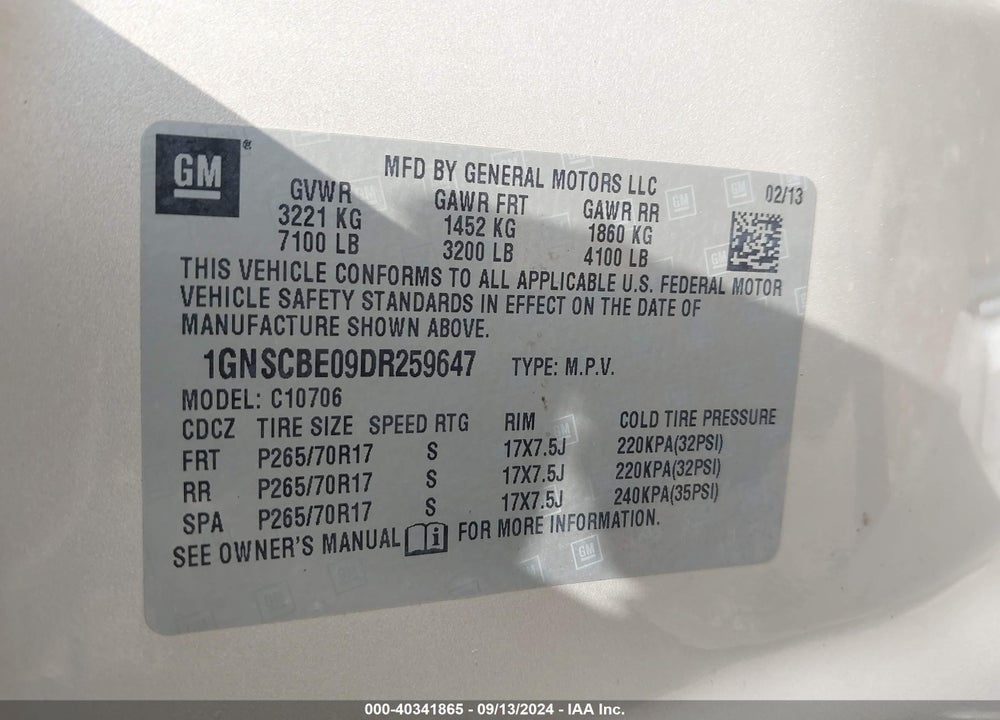 2013 CHEVROLET TAHOE LT VIN: 1GNSCBE09DR259647