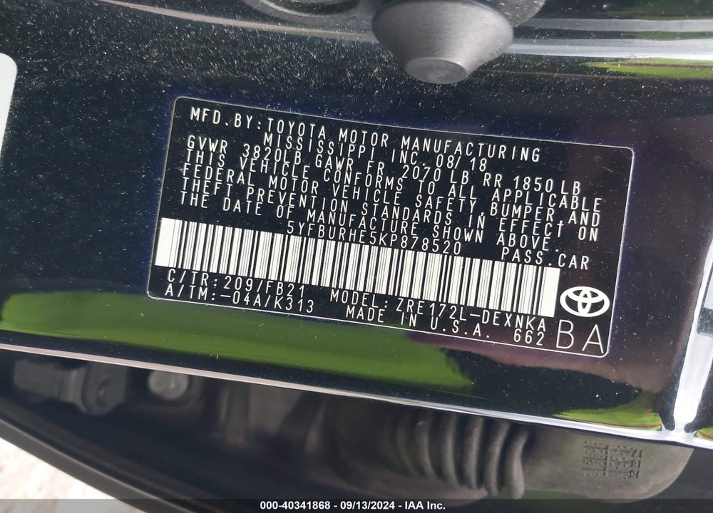 2019 TOYOTA COROLLA LE VIN: 5YFBURHE5KP878520