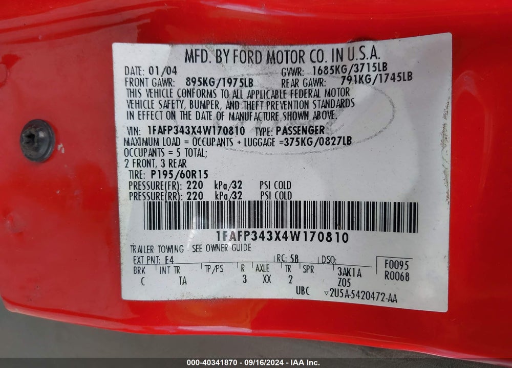 2004 FORD FOCUS SE VIN: 1FAFP343X4W170810
