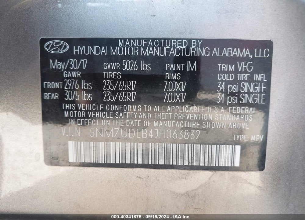 2018 HYUNDAI SANTA FE SPORT 2.4L VIN: 5NMZUDLB4JH063832