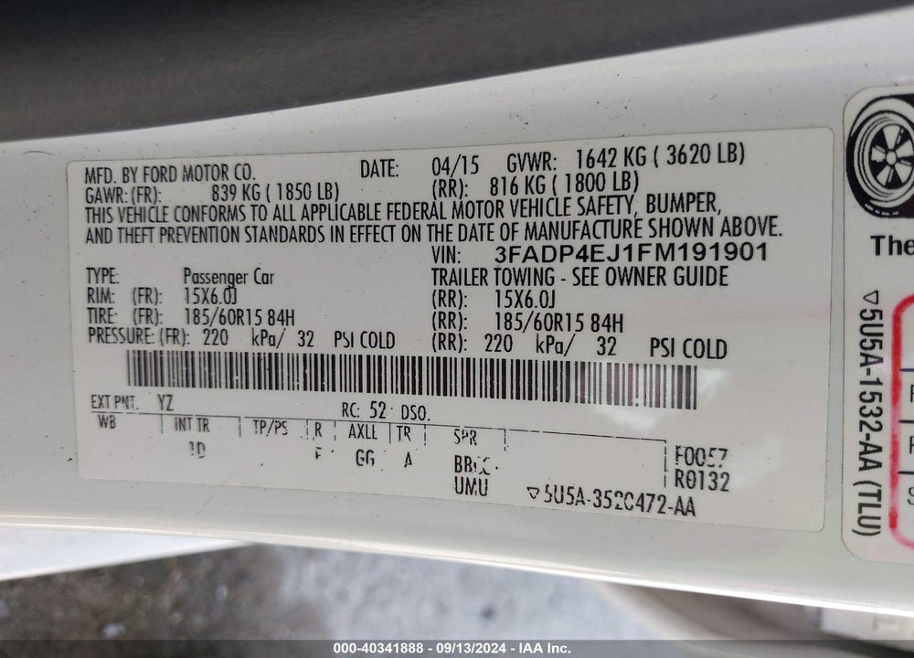 2015 FORD FIESTA SE VIN: 3FADP4EJ1FM191901