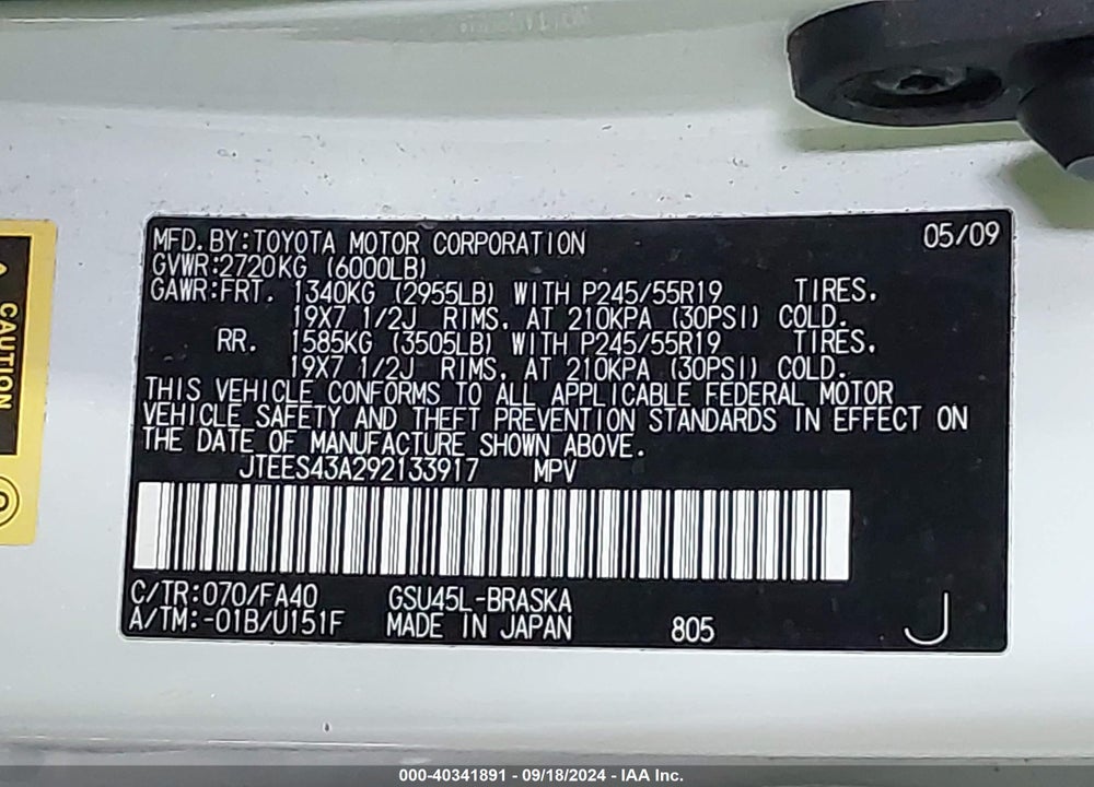 2009 TOYOTA HIGHLANDER SPORT VIN: JTEES43A292133917
