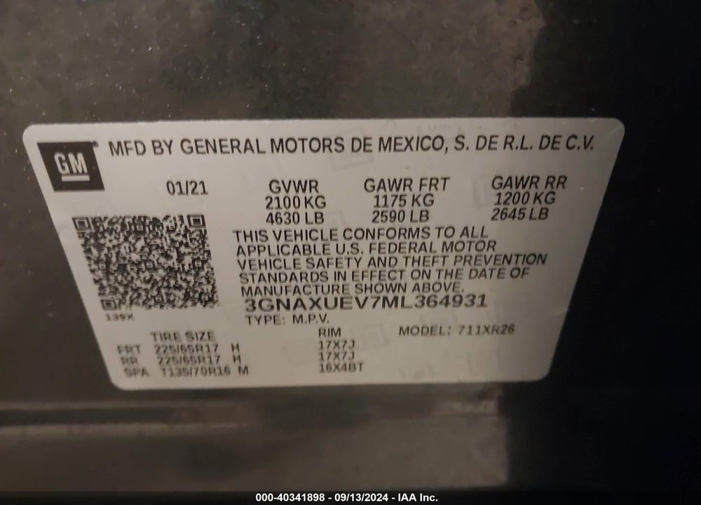 2021 CHEVROLET EQUINOX AWD LT VIN: 3GNAXUEV7ML364931