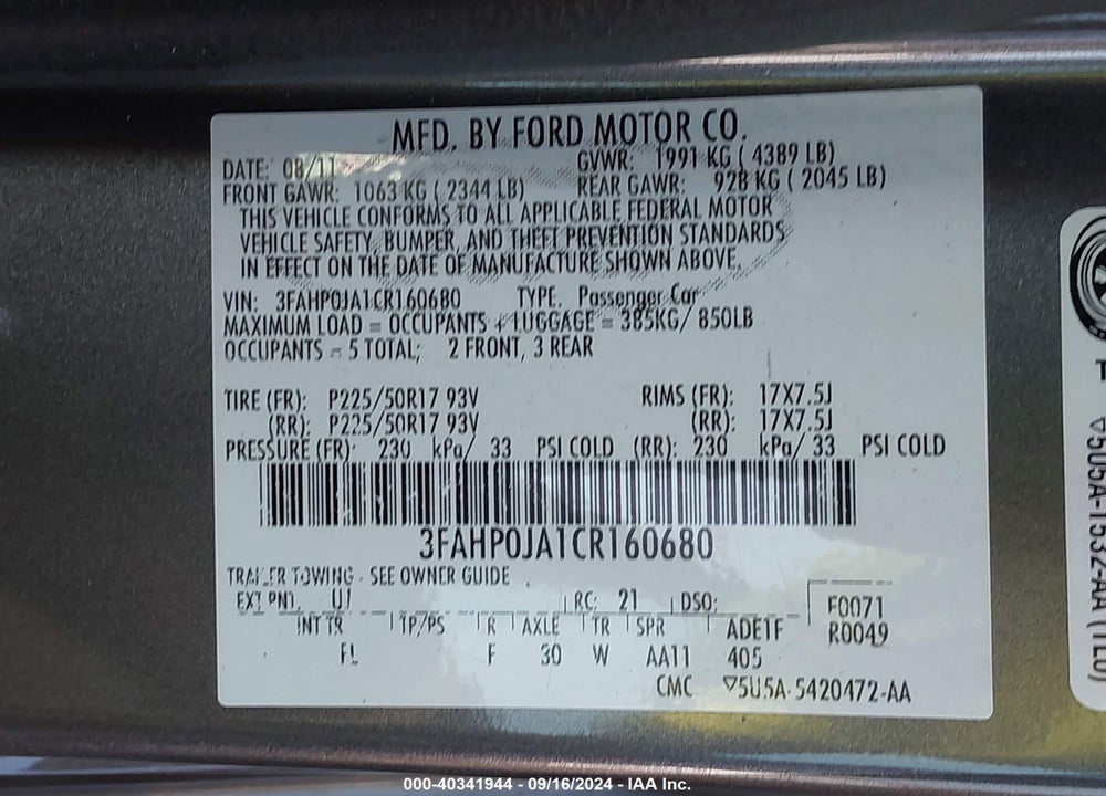 2012 FORD FUSION SEL VIN: 3FAHP0JA1CR160680