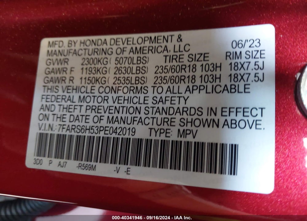 2023 HONDA CR-V VIN: 7FARS6H53PE042019