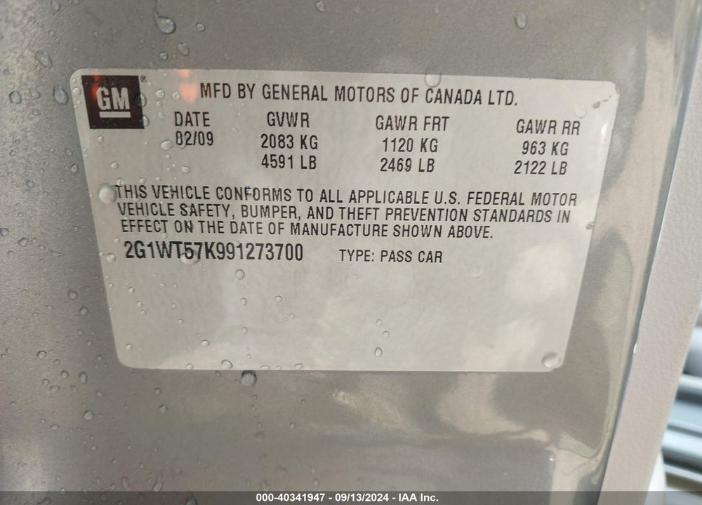 2009 CHEVROLET IMPALA LT VIN: 2G1WT57K991273700