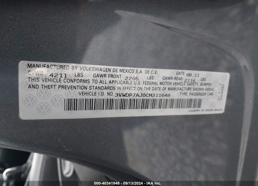 2012 VOLKSWAGEN JETTA 2.5L SE VIN: 3VWDP7AJ0CM311648
