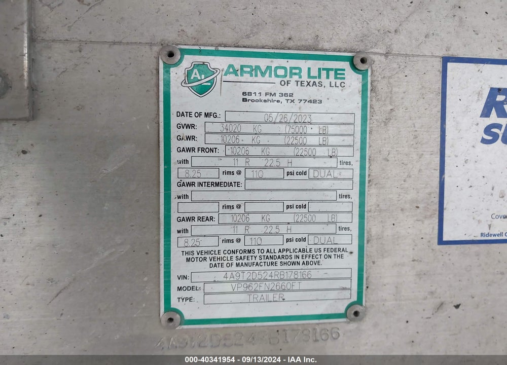 2024 ARMOR LITE DUMP TRAILER VIN: 4A9T2D524RB178166
