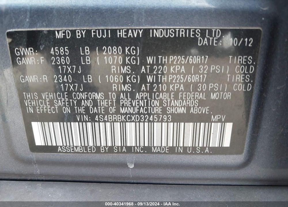 2013 SUBARU OUTBACK 2.5I LIMITED VIN: 4S4BRBKCXD3245793