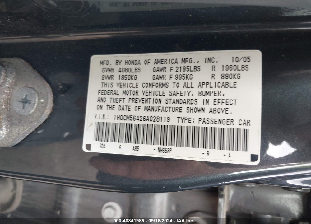 2006 HONDA ACCORD 2.4 LX VIN: 1HGCM56426A028119