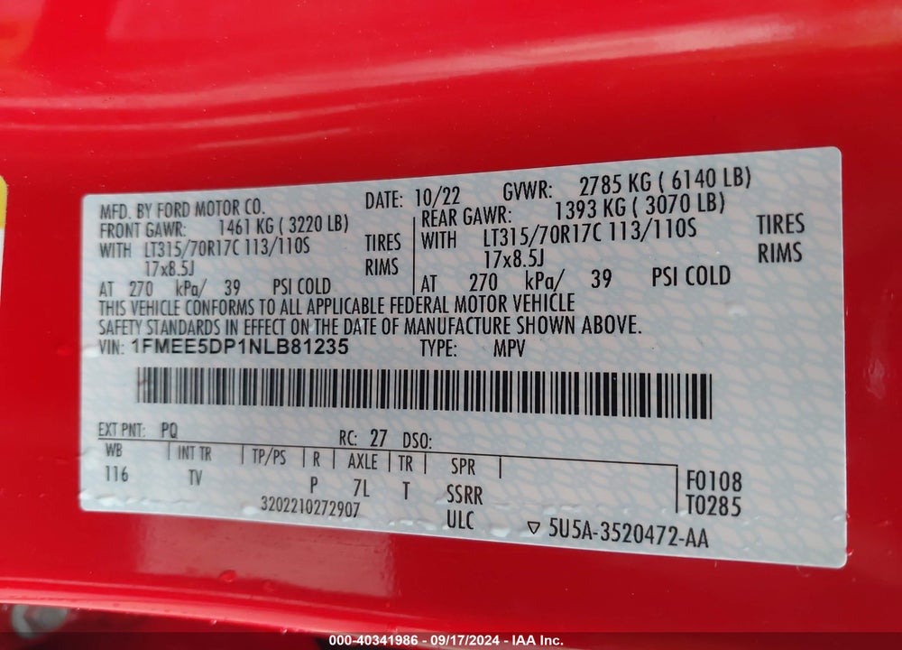 2022 FORD BRONCO VIN: 1FMEE5DP1NLB81235