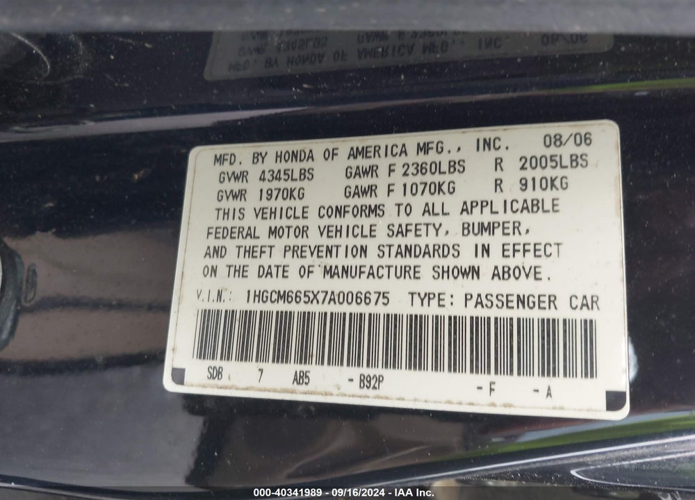 2007 HONDA ACCORD 3.0 EX VIN: 1HGCM665X7A006675