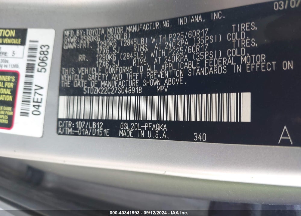 2007 TOYOTA SIENNA XLE VIN: 5TDZK22C27S048918
