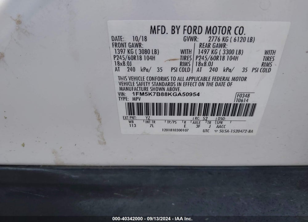 2019 FORD EXPLORER VIN: 1FM5K7B88KGA50954