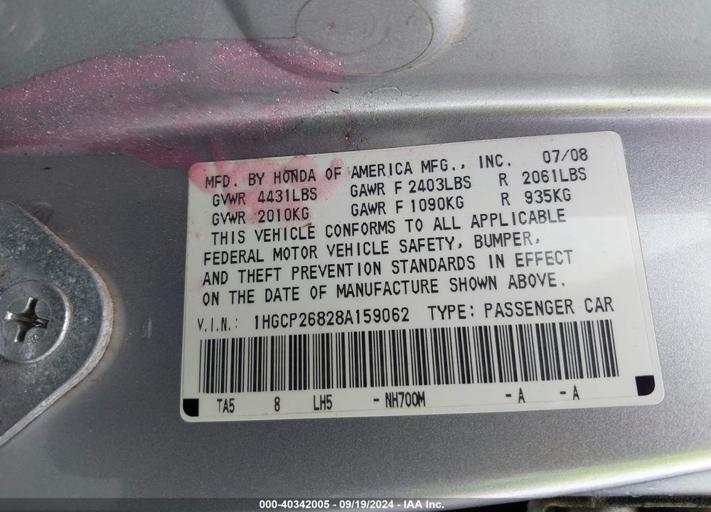 2008 HONDA ACCORD 2.4 EX-L VIN: 1HGCP26828A159062