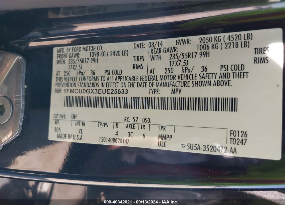 2014 FORD ESCAPE SE VIN: 1FMCU0GX3EUE25633
