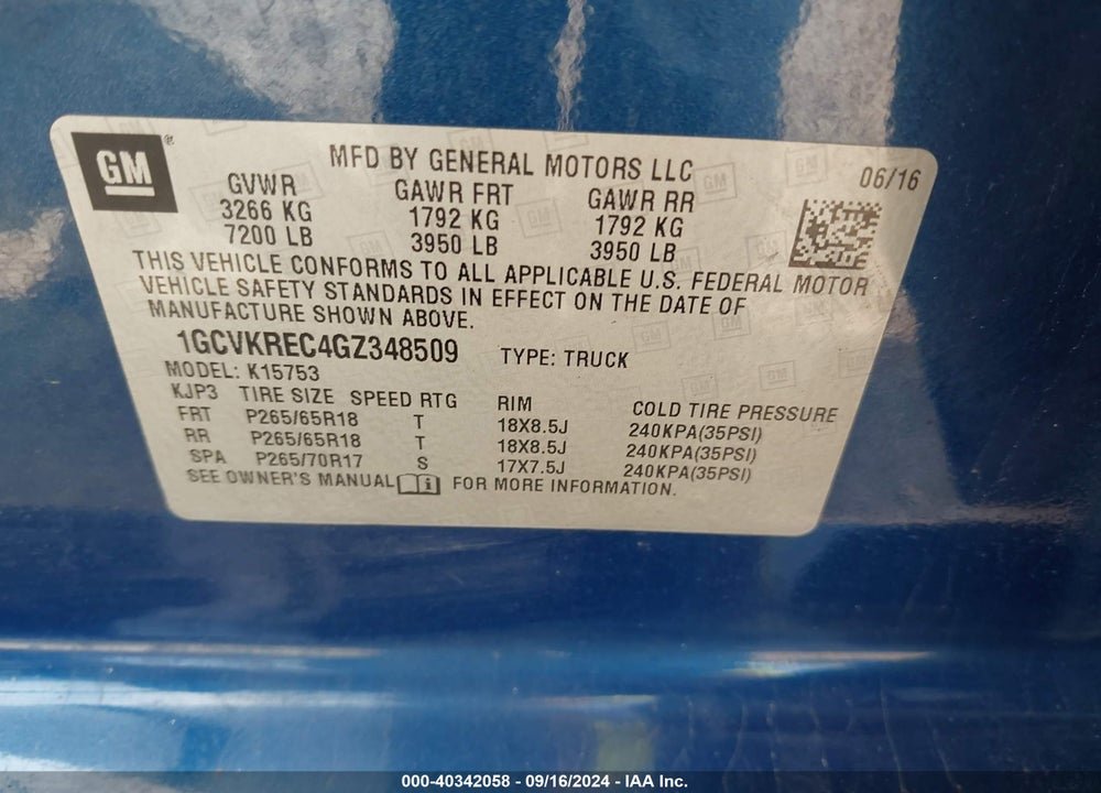 2016 CHEVROLET SILVERADO 1500 1LT VIN: 1GCVKREC4GZ348509