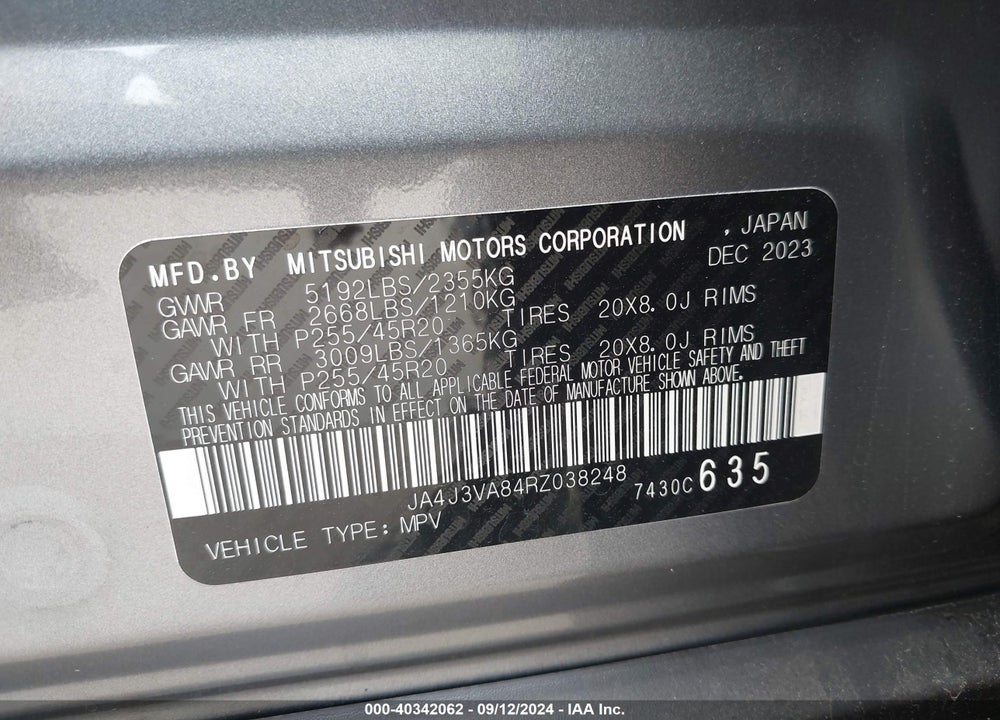 2024 MITSUBISHI OUTLANDER SE 2.5 2WD/SE BLACK EDITION S-AWC/SE BLACK EDITION W/PANO ROOF VIN: JA4J3VA84RZ038248