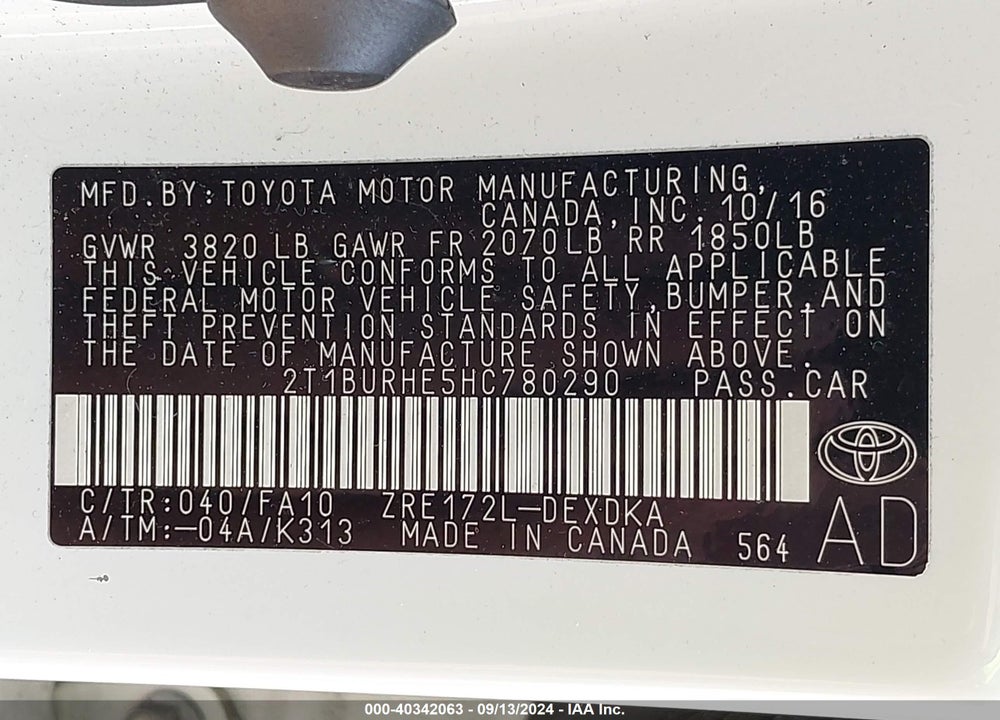 2017 TOYOTA COROLLA L VIN: 2T1BURHE5HC780290