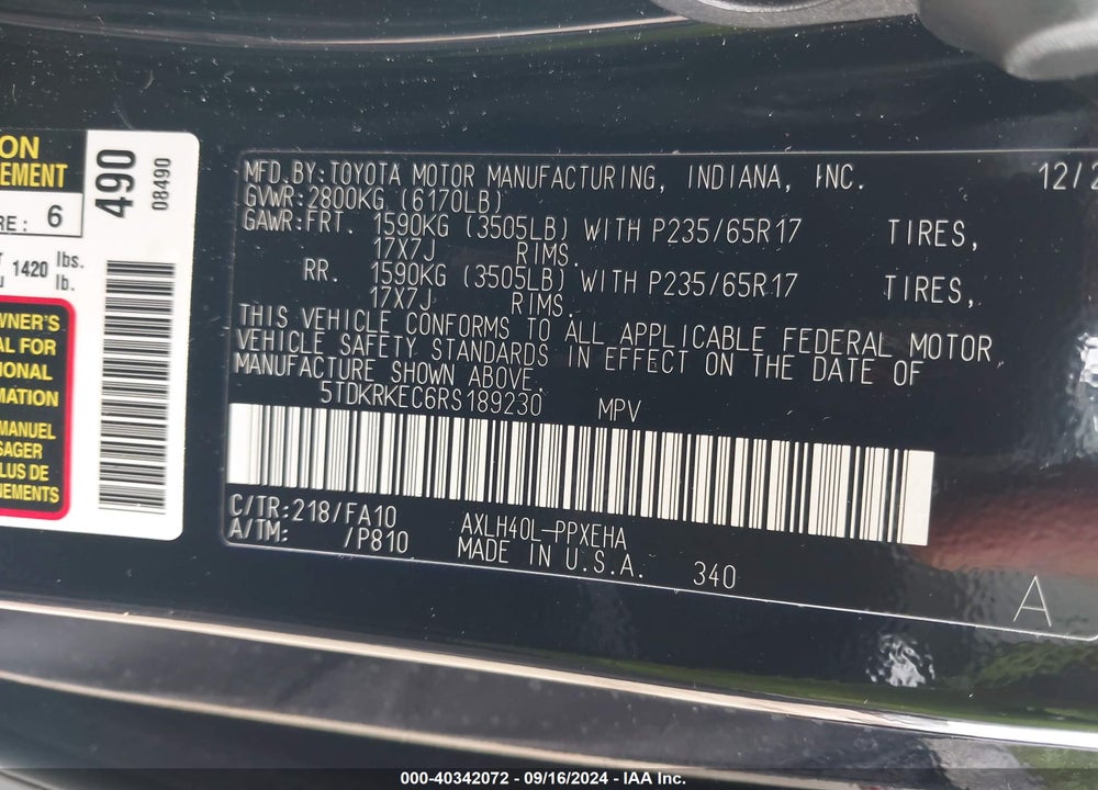 2024 TOYOTA SIENNA LE VIN: 5TDKRKEC6RS189230