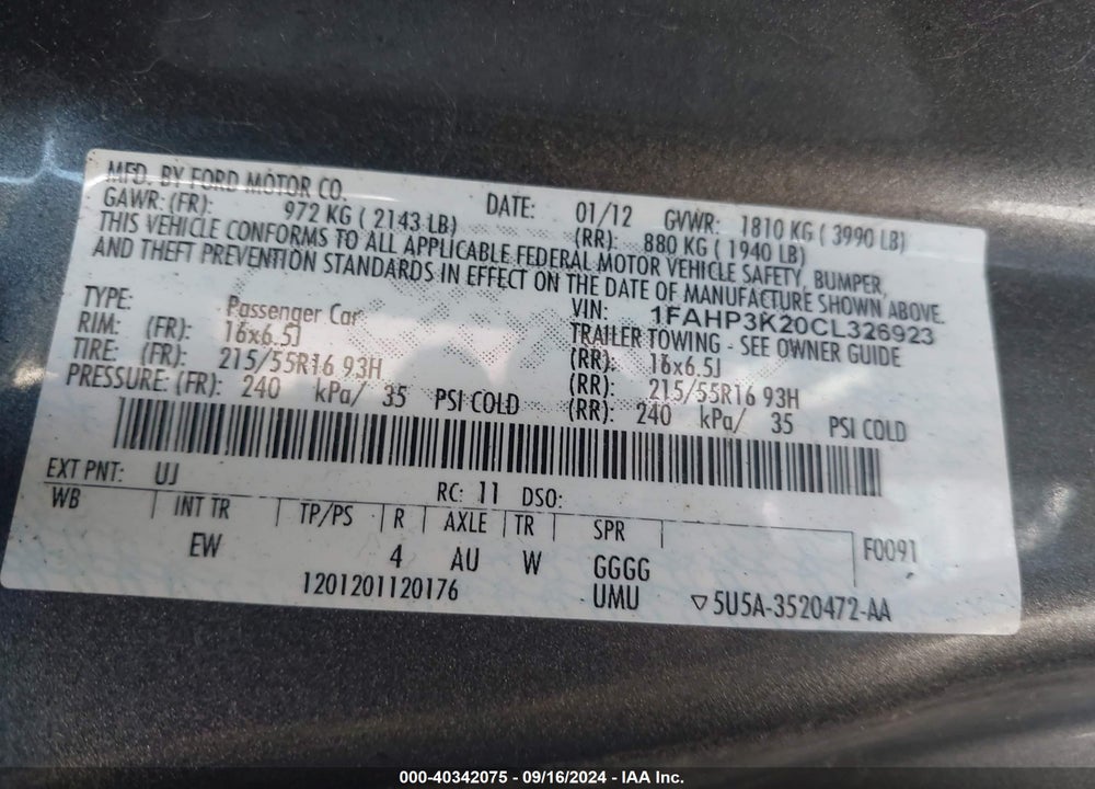 2012 FORD FOCUS SE VIN: 1FAHP3K20CL326923