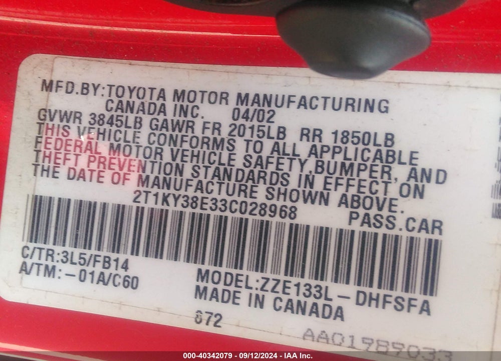 2003 TOYOTA MATRIX VIN: 2T1KY38E33C028968