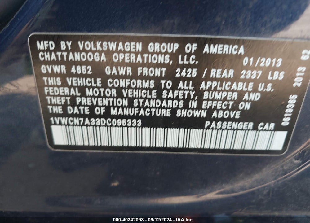 2013 VOLKSWAGEN PASSAT 2.0L TDI SEL PREMIUM VIN: 1VWCN7A33DC095333
