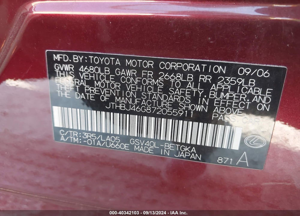 2007 LEXUS ES 350 VIN: JTHBJ46G872055911