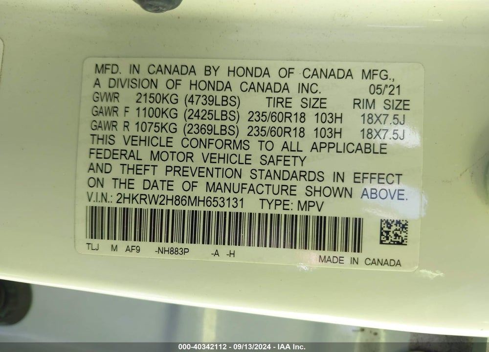 2021 HONDA CR-V AWD EX-L VIN: 2HKRW2H86MH653131