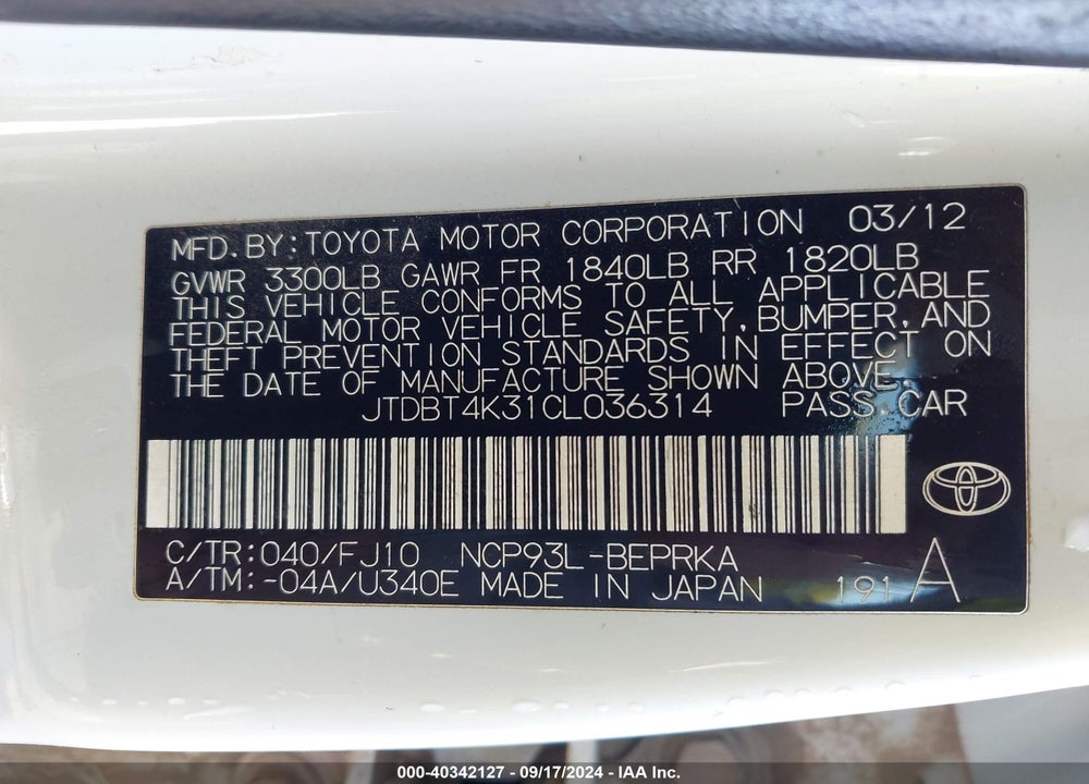 2012 TOYOTA YARIS VIN: JTDBT4K31CL036314