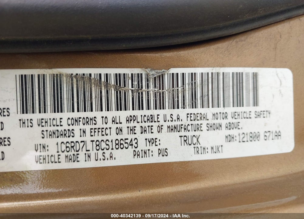 2012 RAM 1500 SLT VIN: 1C6RD7LT8CS186543