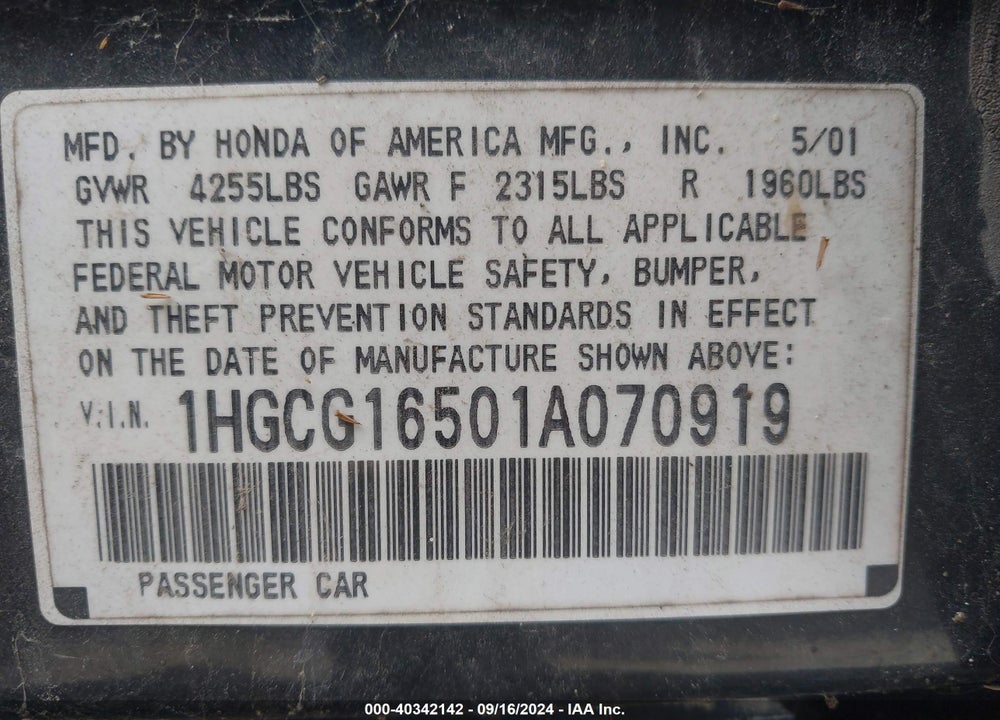 2001 HONDA ACCORD 3.0 EX VIN: 1HGCG16501A070919