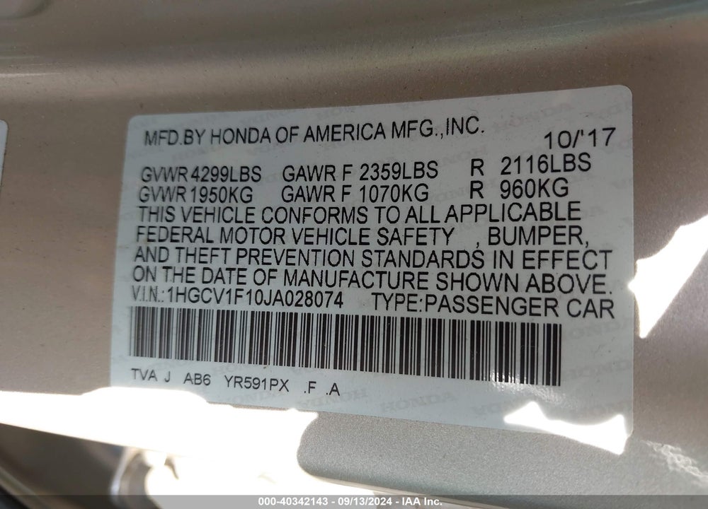 2018 HONDA ACCORD LX VIN: 1HGCV1F10JA028074