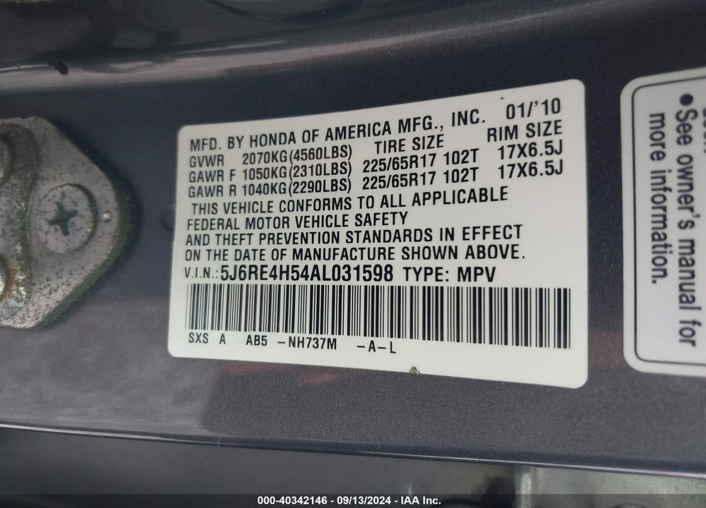 2010 HONDA CR-V EX VIN: 5J6RE4H54AL031598