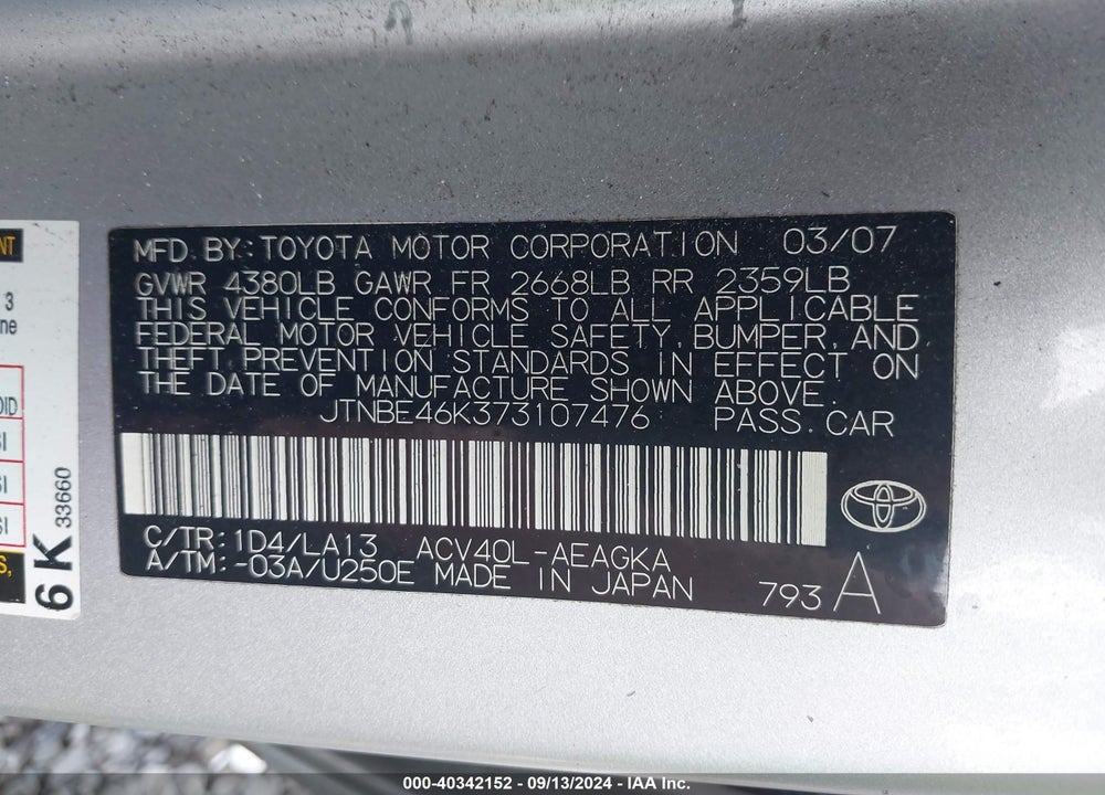 2007 TOYOTA CAMRY XLE VIN: JTNBE46K373107476