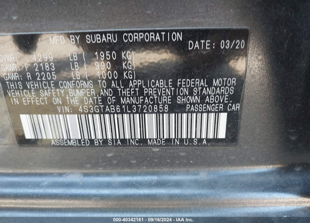 2020 SUBARU IMPREZA 5-DOOR VIN: 4S3GTAB61L3720858