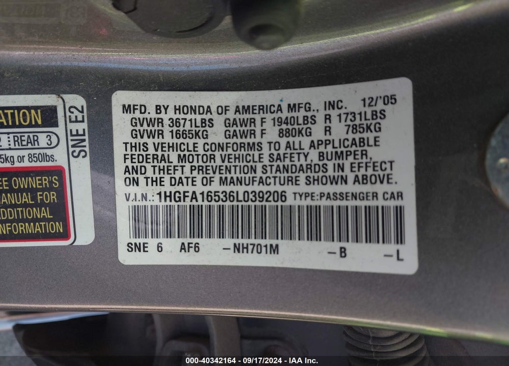 2006 HONDA CIVIC LX VIN: 1HGFA16536L039206