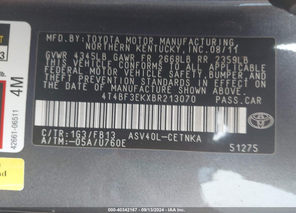 2011 TOYOTA CAMRY LE VIN: 4T4BF3EKXBR213070