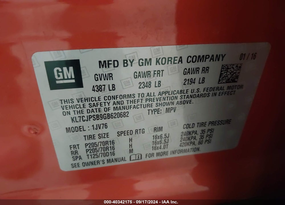 2016 CHEVROLET TRAX LT VIN: KL7CJPSB9GB620682