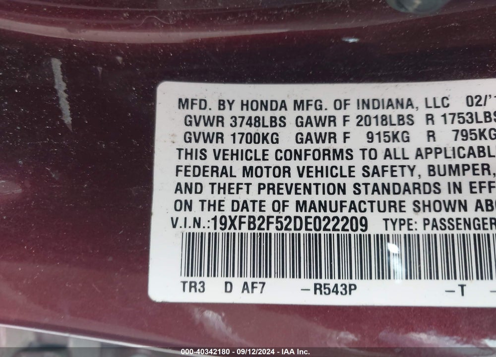 2013 HONDA CIVIC LX VIN: 19XFB2F52DE022209