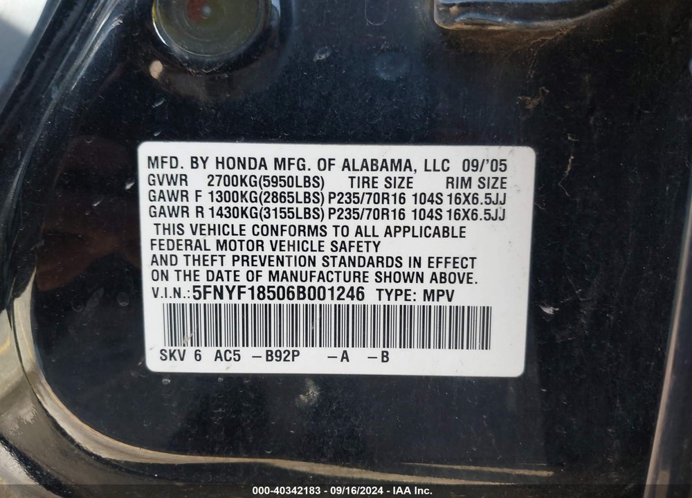 2006 HONDA PILOT EX-L VIN: 5FNYF18506B001246
