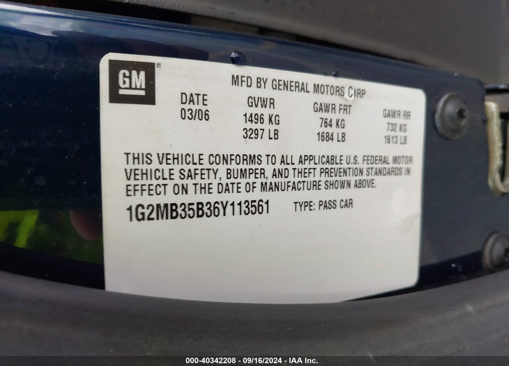 2006 PONTIAC SOLSTICE VIN: 1G2MB35B36Y113561
