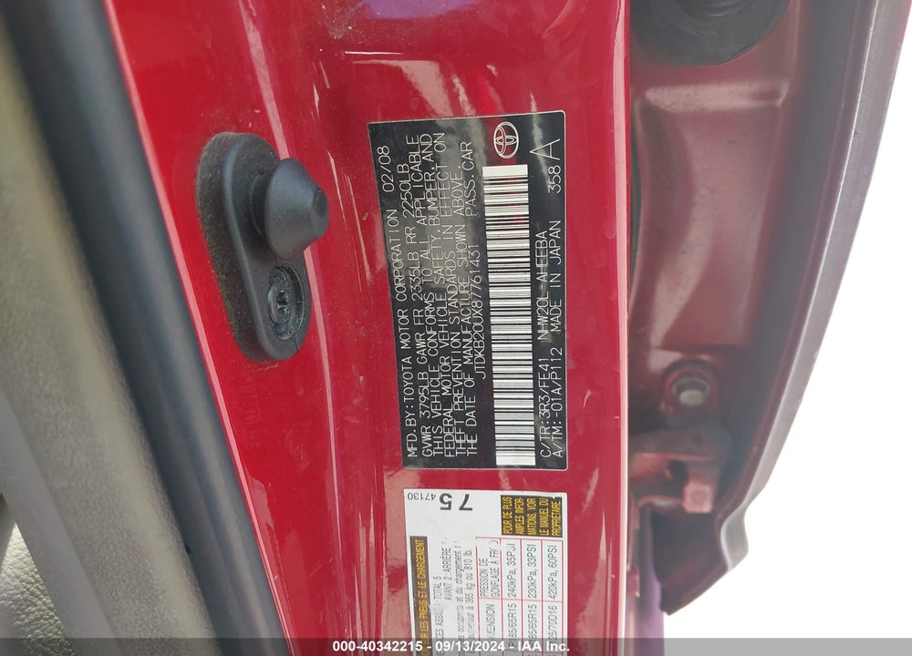 2008 TOYOTA PRIUS VIN: JTDKB20UX87761431