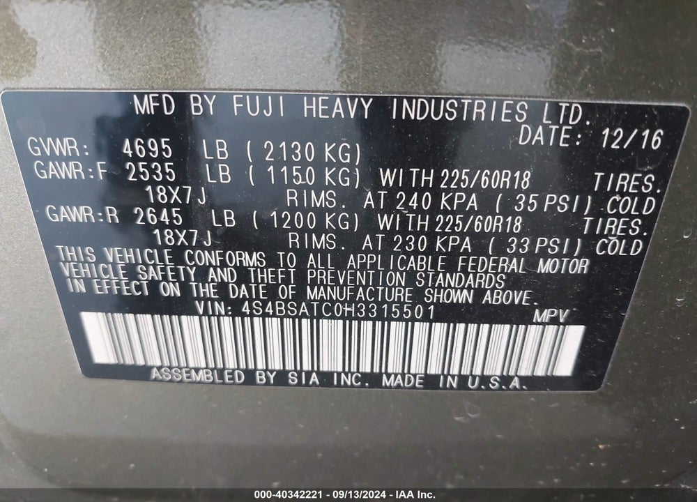2017 SUBARU OUTBACK 2.5I TOURING VIN: 4S4BSATC0H3315501